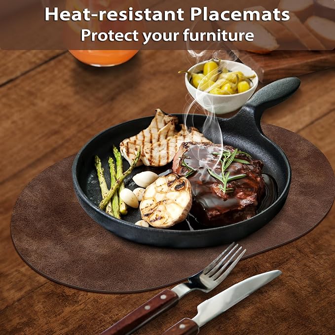 ADRIMER Placemats, Heat Resistant Oval Placemats Set of 6 Washable 12 x 17 Inch, Waterproof Table Mats, Wipeable Pu Place Mats for Kitchen, Dining Room, Brown