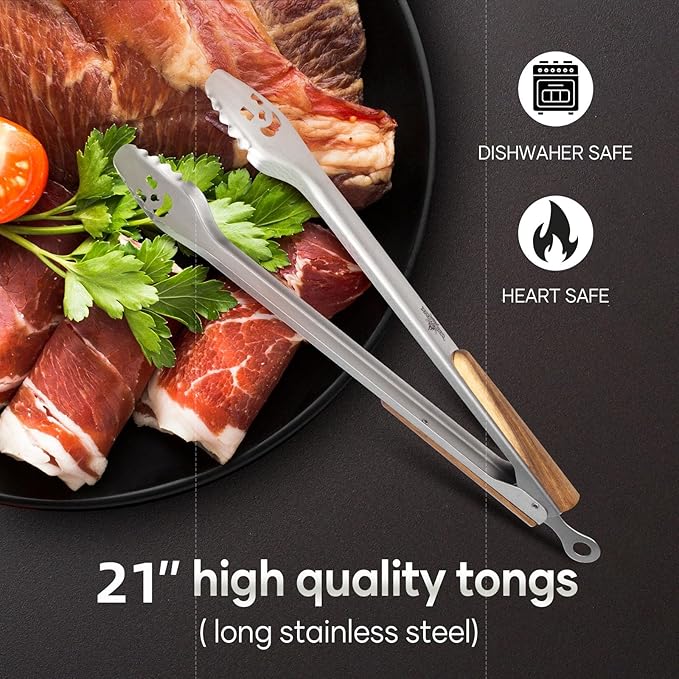 21-Inch Extra Long Stainless Steel BBQ Tongs with Extended Luxurious Acacia Handle ??Durable and Easy-to-Clean Grilling Tool for Cooking, Kitchen Use, and Outdoor Barbecues
