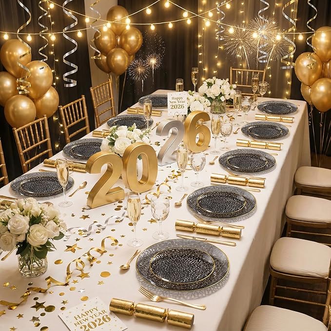 DaYammi 100 Pcs Black Gold Plastic Plates - 10 inch Clear Black Gold Dinner Plates - Hammer Pattern Design - Fancy Disposable Plate - Heavy Duty Party Plate Ideal for New Year Party and Wedding