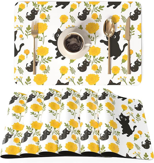 QIYI Placemats Set of 6, 12x18 Inch Faux Leather Place Mats for Kitchen Dinning, Heat Resistant Anti Slip Flower Table Mats, Waterproof Wipeable Washable Placemat Party Table D챕cor, Cute Black Kittens