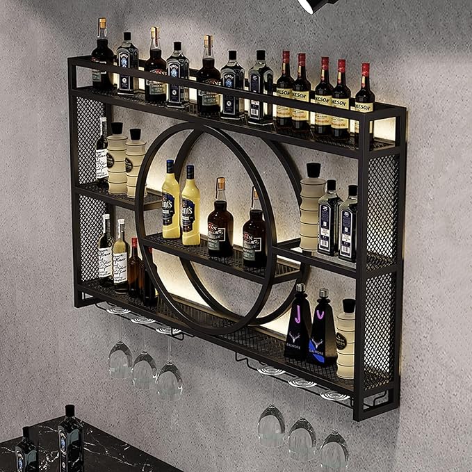 Modern Wine Storage Rack Wall Mounted With LED Light With Wine Glass Holder,Iron Bar Liquor Shelf,Floating Wall Wine Shelves,Bar Liquor Bottle Display Shelf For Kitchen Bar Decoration Gold/Black ( Col