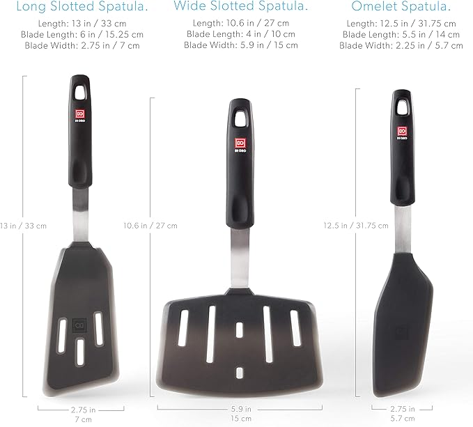 DI ORO Silicone Turner Spatula Set - Forever Warranty - Kitchen Spatulas for Nonstick Cookware - 600째F Heat-Resistant & BPA Free - Flexible & Thin Flippers for Turning Eggs & Pancakes (6 Piece, Black)