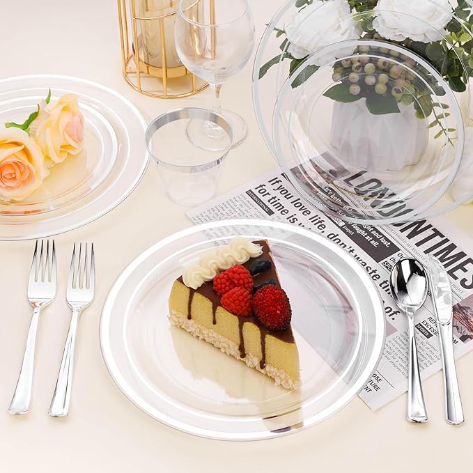 BESTSTAR 7 Inch Clear with Silver Rim Plastic Plates,100PCS Disposable Dessert/Appetizer/Small Cake Plates,Heavy Duty Plate Ideal for Christmas, Thanksgiving, Wedding and Birthday Party