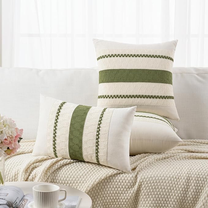 Fancy Homi Set of 2 Boho Moss Green Euro Decorative Throw Pillow Cover 26x26 Inch for Couch Bed Bedroom, Aesthetic Modern Organic Farmhouse Room Decor, Soft Cotton Accent Macrame Woven Cushion Case