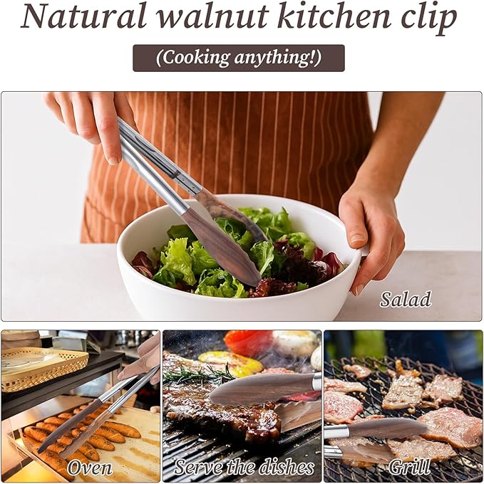 12 & 15 Inch Long Wooden Tongs for Cooking & Serving Food, Kitchen Stainless Steel Salad Tongs with Walnut Wood Tip, Smooth Locking & Hanging Cooking Utensils Set, Non-Slip, Heat Resistant, Pull Lock