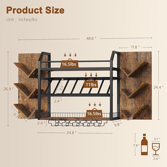 Hoctieon Wall Mounted Wine Rack, 3 Tier Hanging Wine Racks with Glass Holder, Large Capacity Bar Shelves, Metal Wood Bottle Display Storage for Kitchen, Home Bar, Dining Room, Rustic Brown