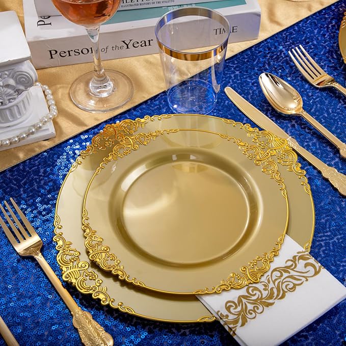 Morejoy 175PCS Solid Gold Plastic Plates with Gold Rim竊똤old disposable dinnerware sets Include 25 Dinner Plates,25 Dessert Plates,25 Cutlery Sets,25 Napkins Perfect for Party & Christmas