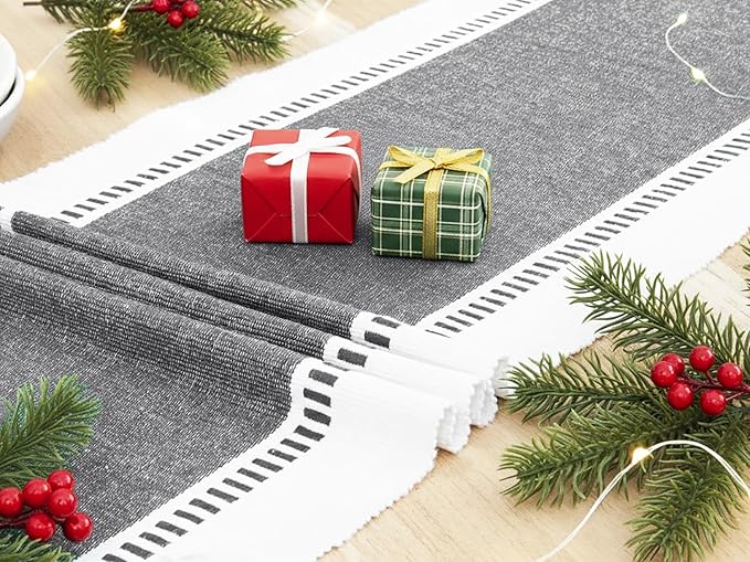 PurpleEssences Table Runner - Wide with Dobby Stripe, Heavy Ribbed Weave & Double Knot Fringes, 14x72 Inch (14x77.5 with Fringes) Farmhouse Decor -Christmas Holiday Winter - Mineral Gray and H.White