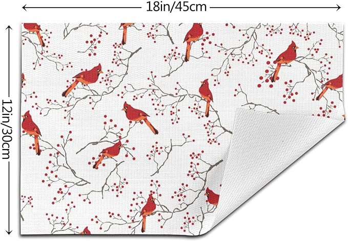 Cardinal Bird Red Berry Decor Placemats Set of 4 Linen 12x18 Inch, Decorative Table Mats for Kitchen Dining Table Heat Resistant Washable Place Mats Home Holiday Decor