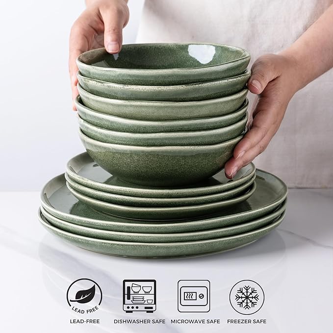 AmorArc Ceramic Cereal Bowls Set of 6, 24 oz Handmade Stoneware Bowls for Cereal Soup Salad Bread, Stylish Kitchen Bowls for Meal, Dishwasher & Microwave Safe-Jade Green