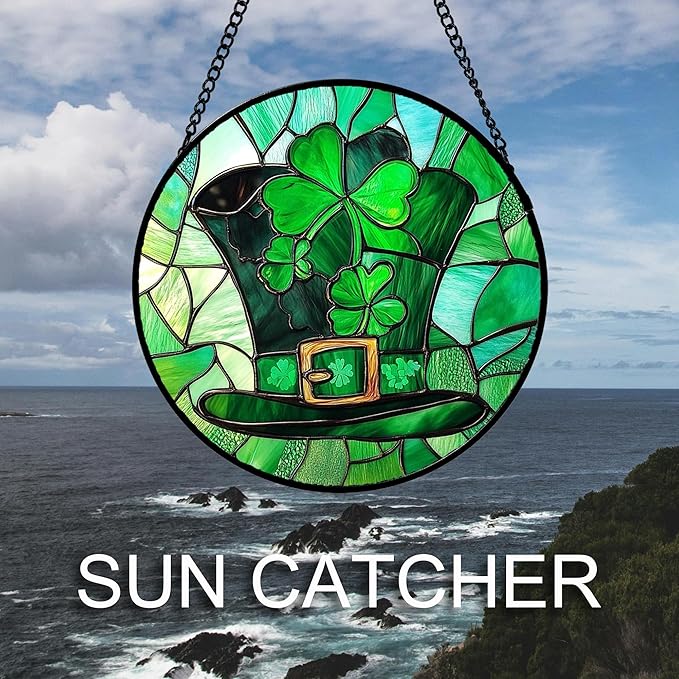 Stained Glass Window Hanging Green Lucky Clover Hat Large 11.8" - Suncatcher Door Garden Sun Catcher Ireland Decor Birthday Mother's St. Ripack's Day Gift for Woman Mom Men Friend Nana Wife