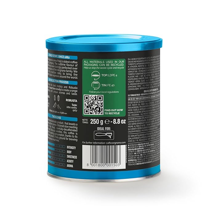 Caff챔 Vergnano Italian Finely Ground Decaf Coffee ??100% Arabica for Moka, Intensity Level 6 ??Rich, Full Flavor Without Caffeine, Notes of Dried Fruit, Cocoa & Caramel - 8.82 oz Tin