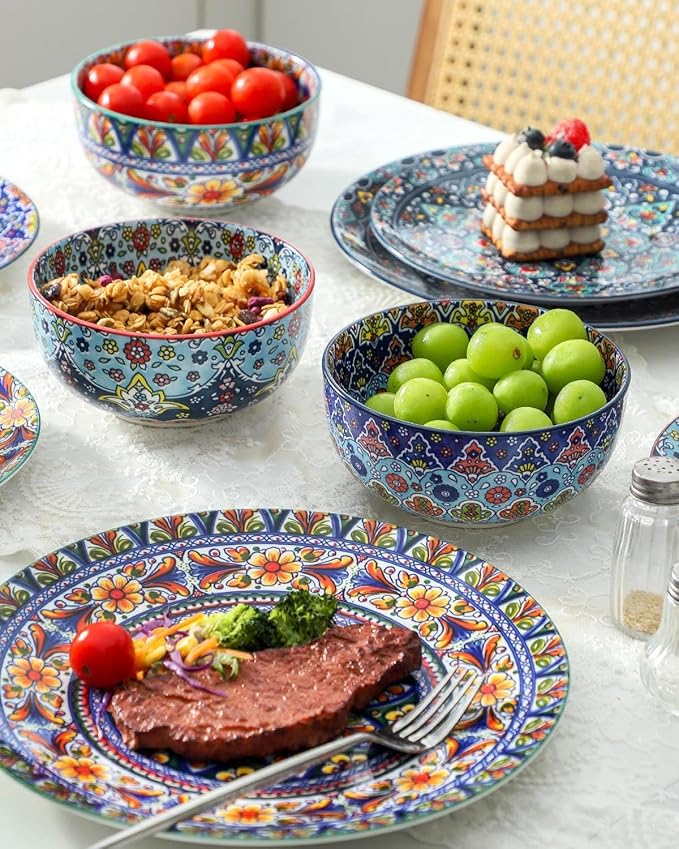 glowworm Dinner Plates Set of 4, 10.5 Inch Ceramic Plates for Steak, Dishes Set for Kitchen, Housewarming Gift竊똌icrowave, Oven & Dishwasher Safe, Bohemian