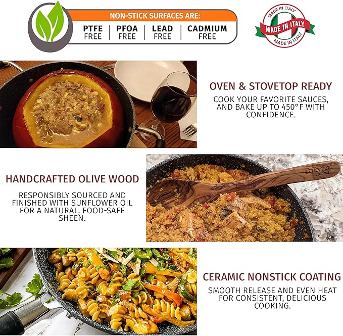 DaTerra Cucina - 8 Qt, 11??Nonstick Pasta Bundle ??Dutch Oven with Lid, Frying Pan with Lid, and Olive Wood Cooking Utensils | Made in Italy