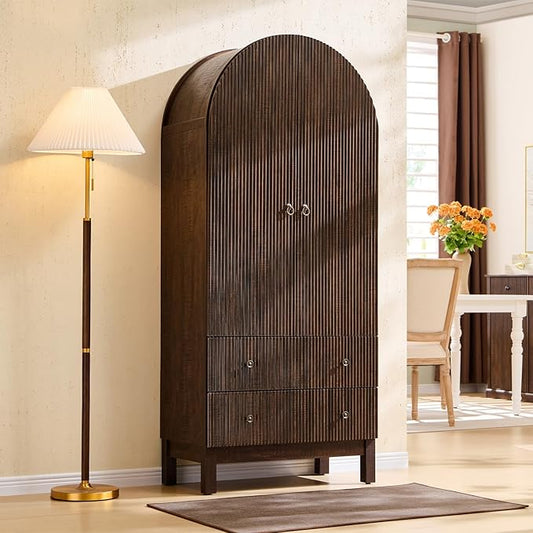 71" Tall Arched Pantry Cabinet, Fluted Kitchen Storage Cabinet with Adjustable Shelves and 2 Large Drawers, Freestanding Morden Versatile Cupboard for Living Room, Bathroom, Brown