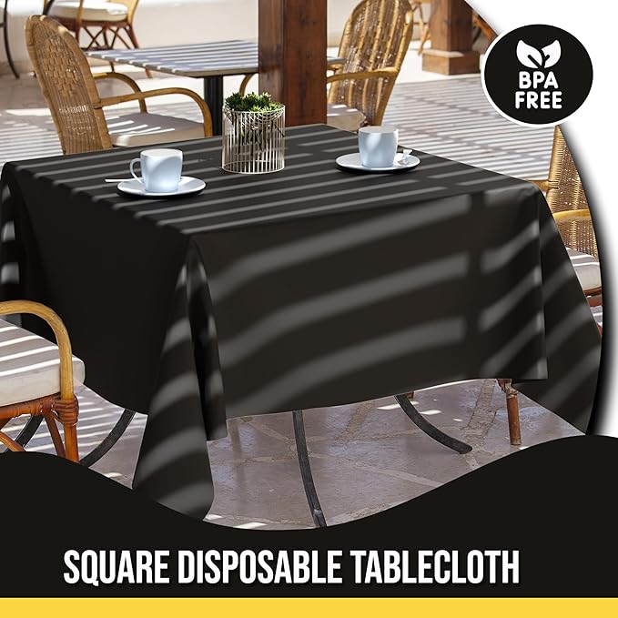 Party Solids 12-Pack Black Square Plastic Disposable Tablecloth ??Size: 52 횞 52 Inches ??Square Table Cover for Parties, Picnics & Formal Events