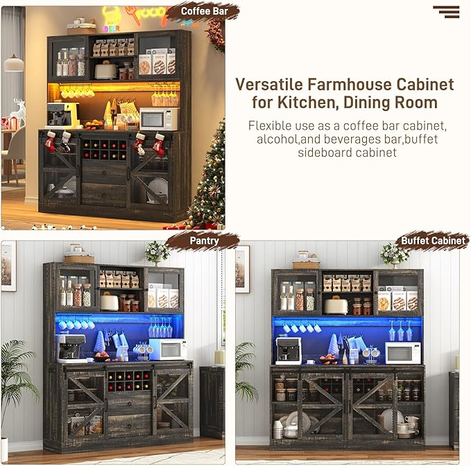 63"Wide 74"H Farmhouse Coffee Bar Cabinet w/ LED Light,Wine Bar Cabinet w/ Storage Hutch,Pegboard,Drawers,Kitchen Buffet Cabinet w/Sliding Barn Door & 10 Wine Glass Racks for Kitchen Dining Room