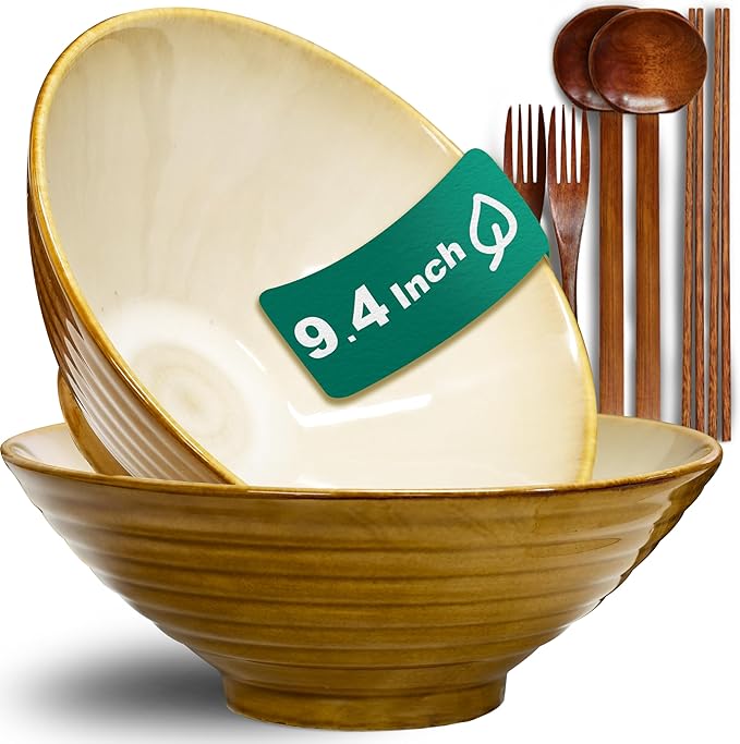 9.4-Inch 2 Sets Ceramic Ramen Bowl (8 Piece) - Japanese Porcelain Dishwasher Microwave Safe Salad Noodles Cereal Pasta Soup Large Bowls with Chopsticks Forks Spoons for Men Women Housewarming Gift