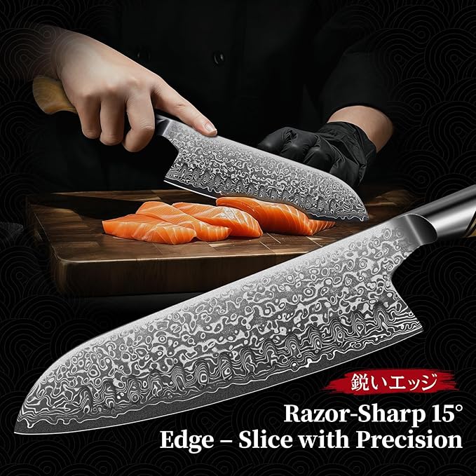 TIVOLI Damascus Santoku Knife 7 inch ??Japanese VG-10 Professional Kitchen Knife for Meat and Vegetables with Ergonomic Olive Wood Handle, Gift Box Included, Ideal Gift