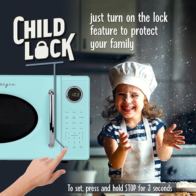Nostalgia Retro 1000W Microwave Oven 1.1 Cu Ft Capacity ??Child Safety Lock, 8 Auto-Cook Settings ??Countertop Kitchen Appliance ??Aqua