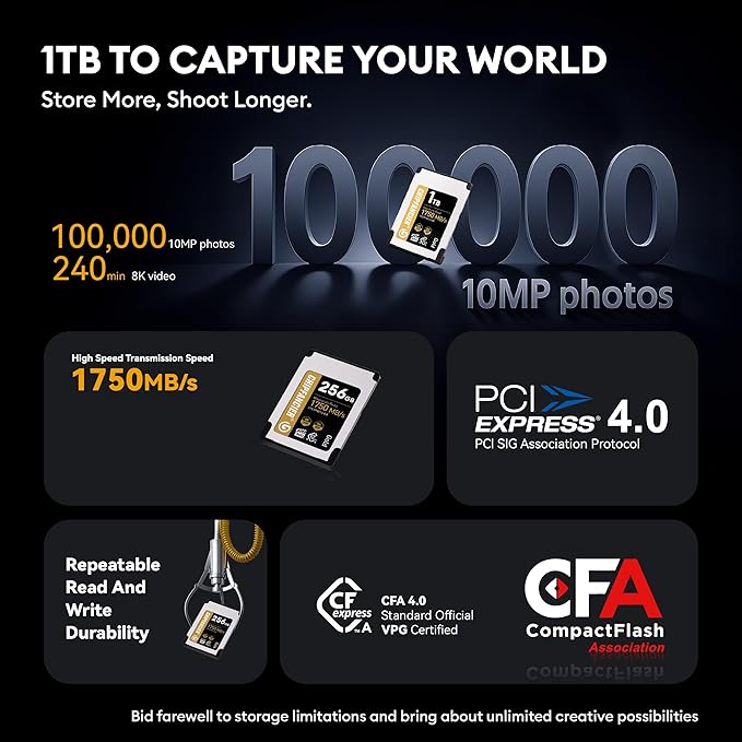 968GB CFexpress 4.0 Type A Card Up to 1750MB/s Read Speed & 1750MB/s Write Speed Type A Memory Card for RAW 4K/8K Video Recording Compatible with Sony Alpha Sony FX Cameras Gold