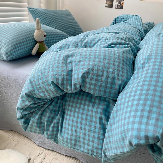 LifeTB Blue Gingham Comforter Set Full Modern Style Blue Grey Plaid Grid Comforter 3 Pieces Farmhouse Checkered Pattern Comforter with 2 Pillowcases Soft Fluffy Gingham Bedding Set Breathable