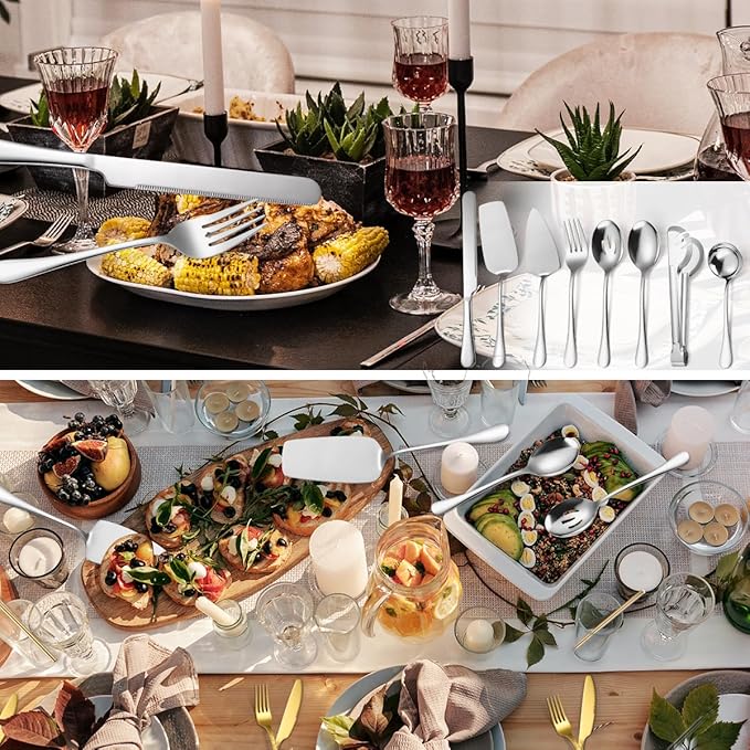 AARAINBOW Home Serving Utensils Set Large, 8 Pcs Stainless Steel Serving Utensils for Parties Buffet, Food Serving Utensils Steel Buffet Serving Utensils Large (Silvery)