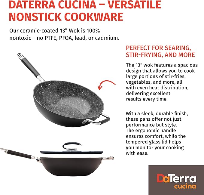 DaTerra Cucina - Nonstick Ceramic Wok with Lid - Made in Italy - High Heat Resistant Nonstick Cookware - Oven Safe, PTFE, Cadmium, Lead & PFOA free - Volcanic Black Speckled 13