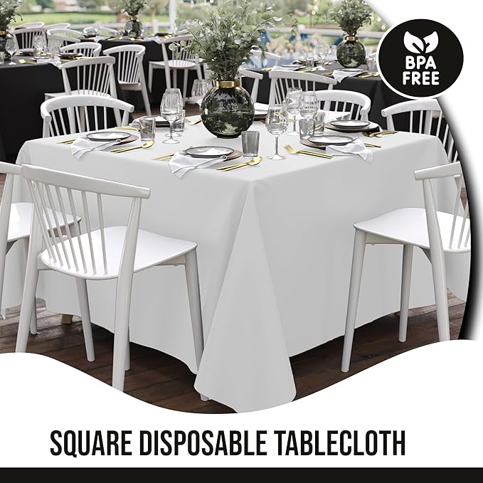 Party Solids 12-Pack White Square Plastic Disposable Tablecloth ??Size: 85 횞 85 Inches ??Square Table Cover for Parties, Picnics & Formal Events
