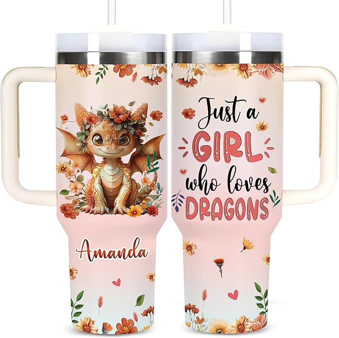 AGGLOMEKC Personalized Cute Dragon Cup - Mother's Day Birthday Gift For Animal Lovers - Just A Girl Who Loves Dragon Tumbler 40oz With Custom Name - Pet Lover Gifts For Women, Her