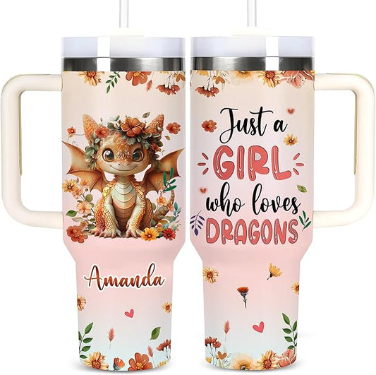 AGGLOMEKC Personalized Cute Dragon Cup - Mother's Day Birthday Gift For Animal Lovers - Just A Girl Who Loves Dragon Tumbler 40oz With Custom Name - Pet Lover Gifts For Women, Her