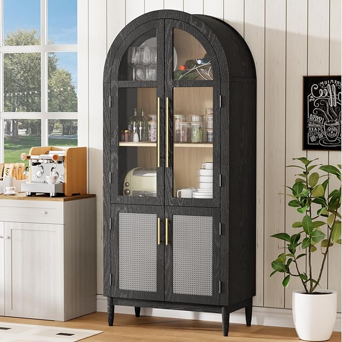 71?쒪rched Kitchen Pantry Cabinet, Stylish Arched Bookcase & Multi-Use Storage Cabinet with Glass & Rattan Doors, Ideal as Kitchen Pantry, Living Room Display, or Entryway Organizer ??Black