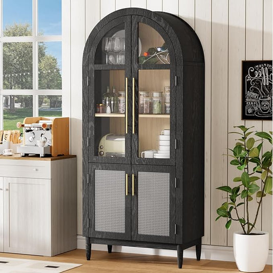 71?쒪rched Kitchen Pantry Cabinet, Stylish Arched Bookcase & Multi-Use Storage Cabinet with Glass & Rattan Doors, Ideal as Kitchen Pantry, Living Room Display, or Entryway Organizer ??Black