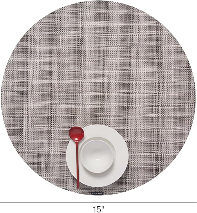 Chilewich Mini Basketweave Placemats in Gravel - Set of 4 - Easy Care Woven Tabletop Textiles - Indoor/Outdoor - 15" Round