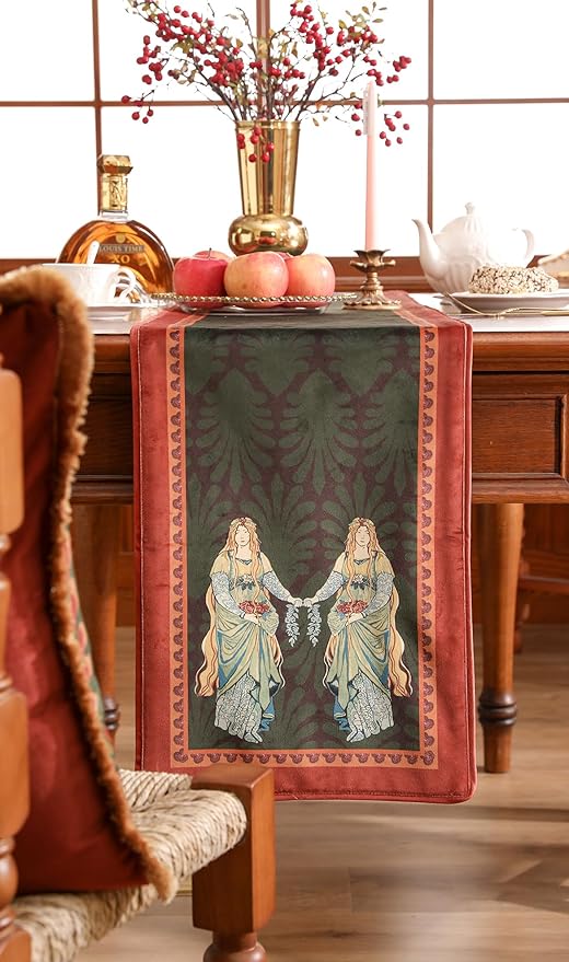 patdrea Designer Mysterious Oil Painting Figures Velvet Table Runner, Brown Green with Palm Frond Pattern Table Mat, Decoration for Kitchen Dining Coffee Table Cabinet Banquet Thanksgiving,12"*87"