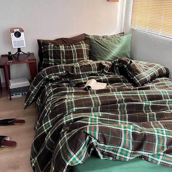 LifeTB Brown Green Plaid Comforter Set King Size, 3 Pieces Grid Gingham Bedding Comforter with 2 Pillowcases, Fluffy Soft Farmhouse Grid Bedding Vintage Plaid Checkered Comforter Set for All Seasons
