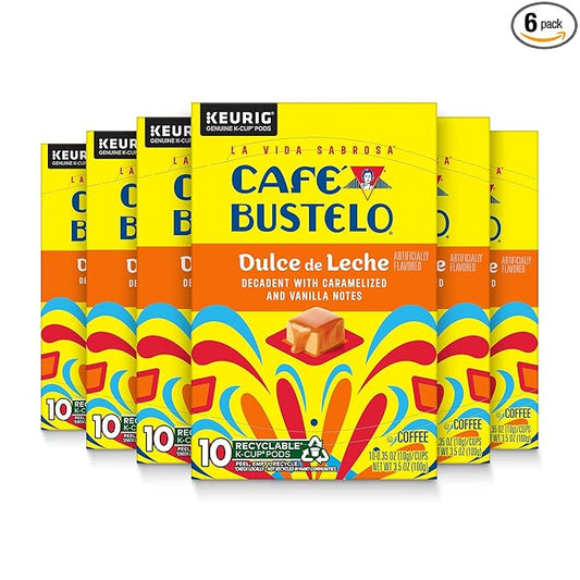 Caf챕 Bustelo Dulce de Leche Artificially Flavored Coffee, 10 Ct. K-Cup pods (Pack of 6)