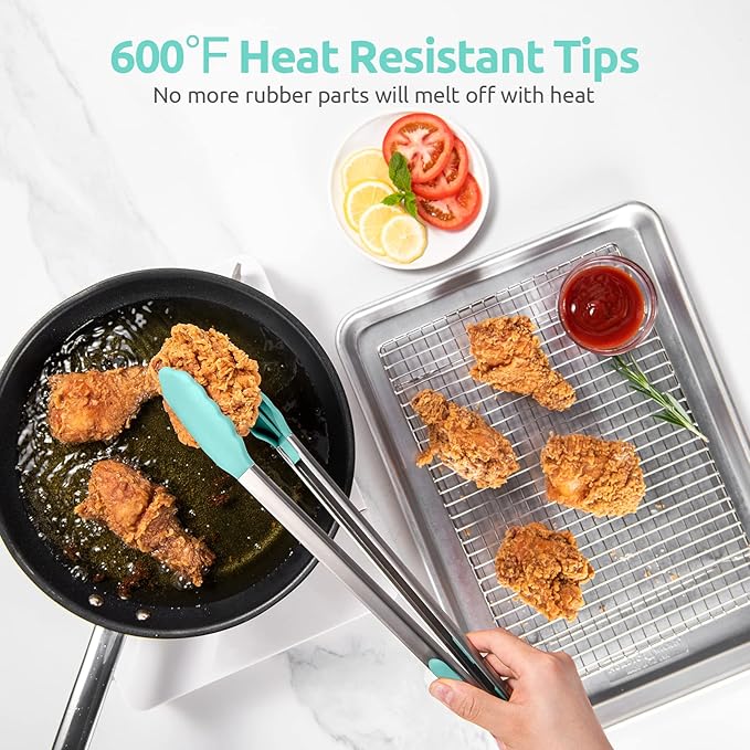 600쨘F Heat Resistant Kitchen Tongs: U-Taste 16 in Extra Long Large Silicone Cooking Tong with Sturdy Non Stick Rubber Tips & Non Slip Silicon Coated 18/8 Stainless Steel Handle for Grill BBQ(Aqua Sky)