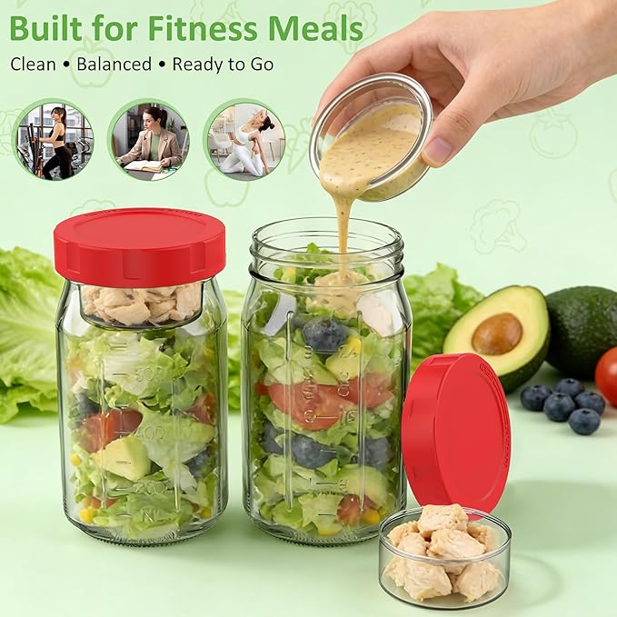4Pack Glass Salad Jars with Lids, 32oz Salads Mason Jars with Wet/Dry Separation Cup, Meal Prep Salad Containers for Lunch, Leakproof Wide Mouth Food Storage Containers, BPA-Free Reusable (Red)