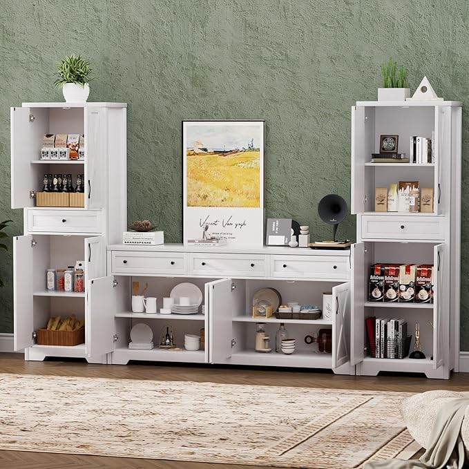 Lyromix 3 Pieces Sideboard and Pantry Set with Storage, White Farmhouse Wall Unit Entertainment Center, Large Kitchen Sideboard Buffet Pantry Cabinet with Drawers