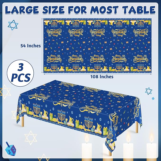 3 PCS Hanukkah Decorations, 108" x 54" Blue Gold Hanukkah Tablecloth, Disposable Happy Chanukkah Plastic Tablecloth, Lights Candles Design Rectangle Chanukkah Tablecovers for Jewish Festival Supplies