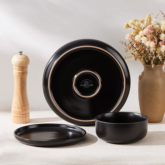 Herogo 12 Pieces Stoneware Dinnerware Sets Service for 4, Dinner Plates and Bowls Sets, Double Reactive Glaze Dishes Sets for Kitchen, Scratch Resistant, Microwave & Dishwasher Safe, Matte Black