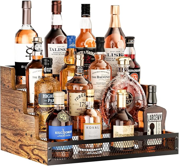 4 Step Countertop Liquor Bottle Display Shelf, Wood Bar Shelves 16 Bottles with Fences, Freestanding Storage Shelves for Liquor Whiskey Wine Coffee Syrup Display, Retro Wine Rack Home