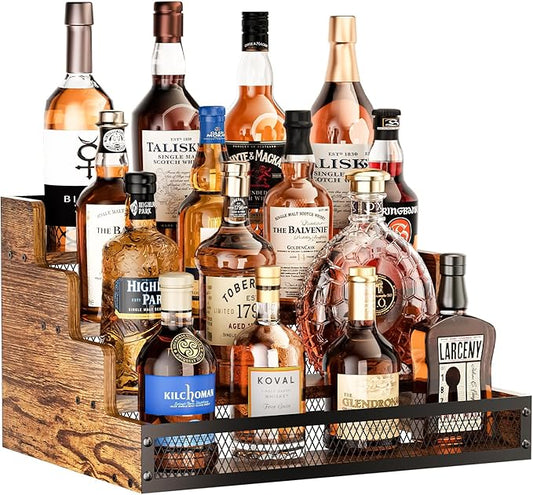4 Step Countertop Liquor Bottle Display Shelf, Wood Bar Shelves 16 Bottles with Fences, Freestanding Storage Shelves for Liquor Whiskey Wine Coffee Syrup Display, Retro Wine Rack Home