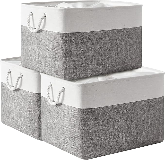TheWarmHome Storage Bins Baskets for Organizing, 20.5L횞15.7W횞13.8H 3 Pack Sturdy Fabric Storage Basket W/Handles, Decorative Foldable Storage Baskets for Shelves Closet Nursery Toy (White & Grey)