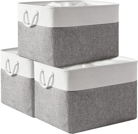 TheWarmHome Storage Bins Baskets for Organizing, 20.5L횞15.7W횞13.8H 3 Pack Sturdy Fabric Storage Basket W/Handles, Decorative Foldable Storage Baskets for Shelves Closet Nursery Toy (White & Grey)