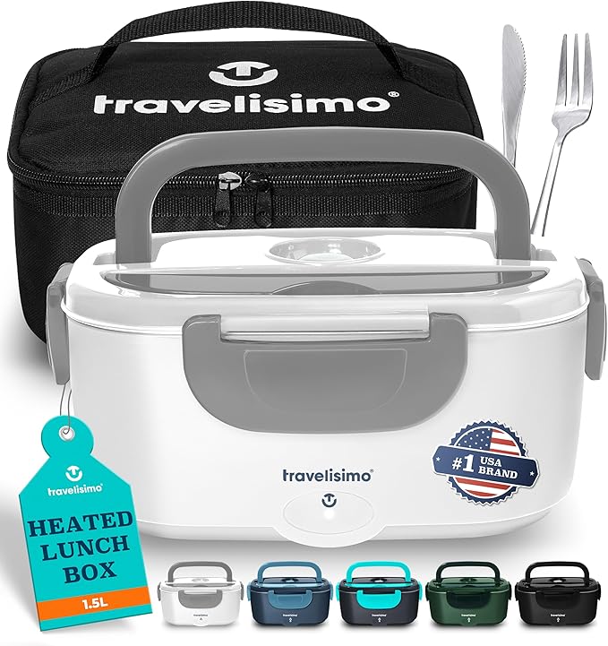 TRAVELISIMO Electric Lunch Box for Adults 100W Heated Lunch Box For Men 1.5L Stainless Steel Portable Food Warmer, 12/24/110V Electric Food Warmers for Travel & Work Loncheras Para Hombres de Trabajo