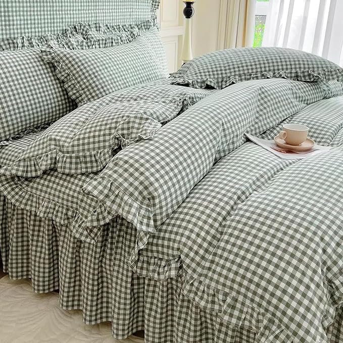 LifeTB Green Gingham Comforter Set Full Size Ruffle Plaid Checkered Pattern Comforter Farmhouse Grid Plaid Gingham Bedding Comforter Set with 2 Pillowcases Fluffy Soft Lightweight Grid Bedding Set