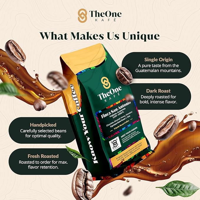 TheOne Kafé Guatemala Dark Roast Whole Bean Coffee ??Organic, Single Origin, Premium Specialty Coffee, Ethically Sourced, Smooth & Rich Flavor ??Fresh Roasted for Espresso, Drip, Pour Over ??12 oz