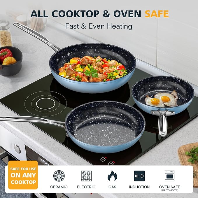 Nuwave 3-Piece 8?? 10?? 12??Forged Lightweight Frying Pan Set, G10 Healthy Duralon Blue Ceramic Ultra Non-Stick, Ergonomic Stay-Cool Handles, Induction-Ready & Works on All Cooktops